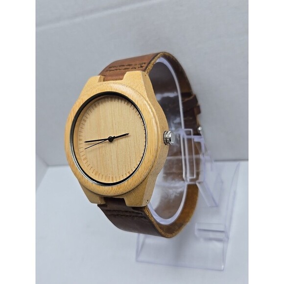 Cucol Bamboo Wooden Watch Brown Leather Strap Minimalist Quartz 45mm New Battery - Picture 2 of 11